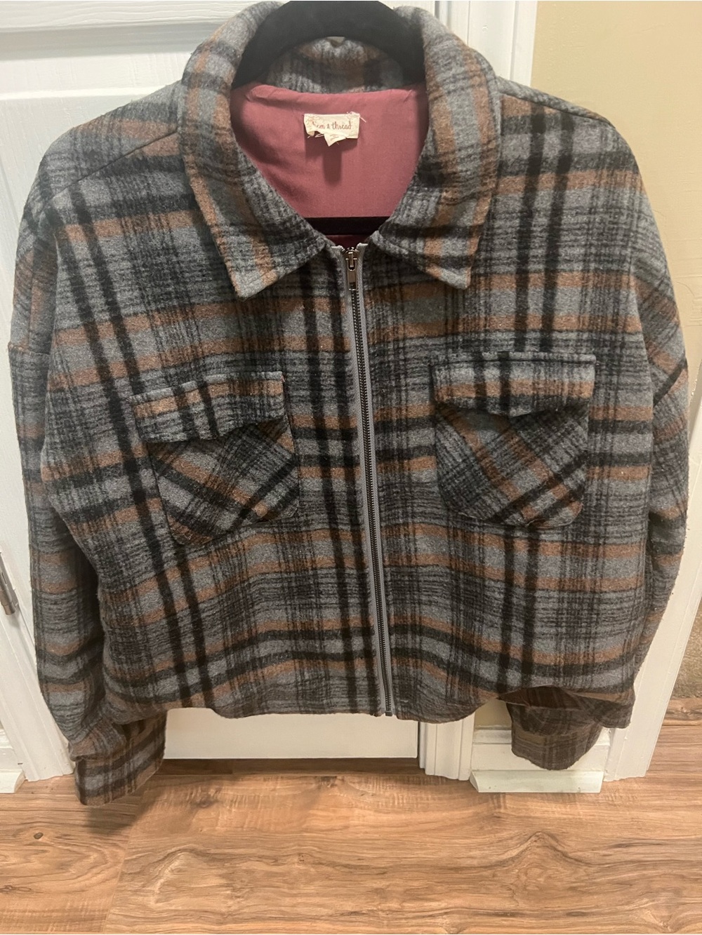 Hem & Thread Gray and Brown Plaid Zip-Front Jacket